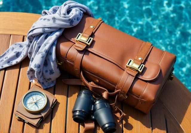 Elegant luggage and nautical attire on a teak deck